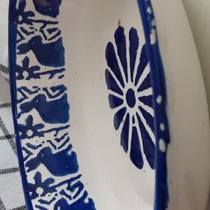 Vintage Sponge Painted Stoneware Bowl Blue Rabbits Flowers 7.25" x 4" x 1.5"